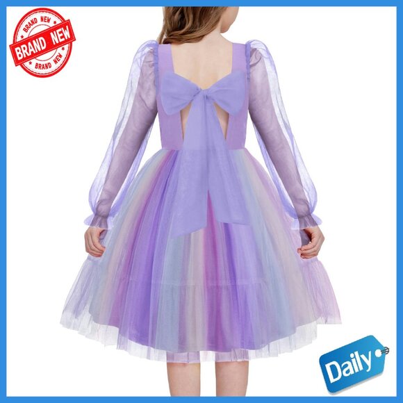 Girls Formal Tulle Dress Long Sleeve Tie Back Party Dress 5-12 Years